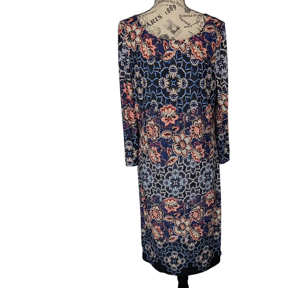 Laura Jeffries Womens Navy Blue Coral Floral Medallion Sheath Dress Size 12